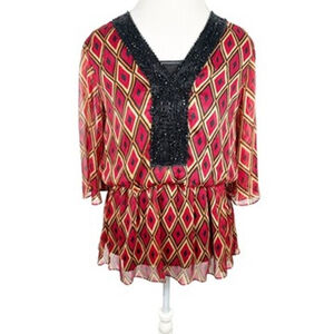 Badgley Mischka Mod Ikat Top Beaded V-neck Cinched Red Blouson Retro Size S